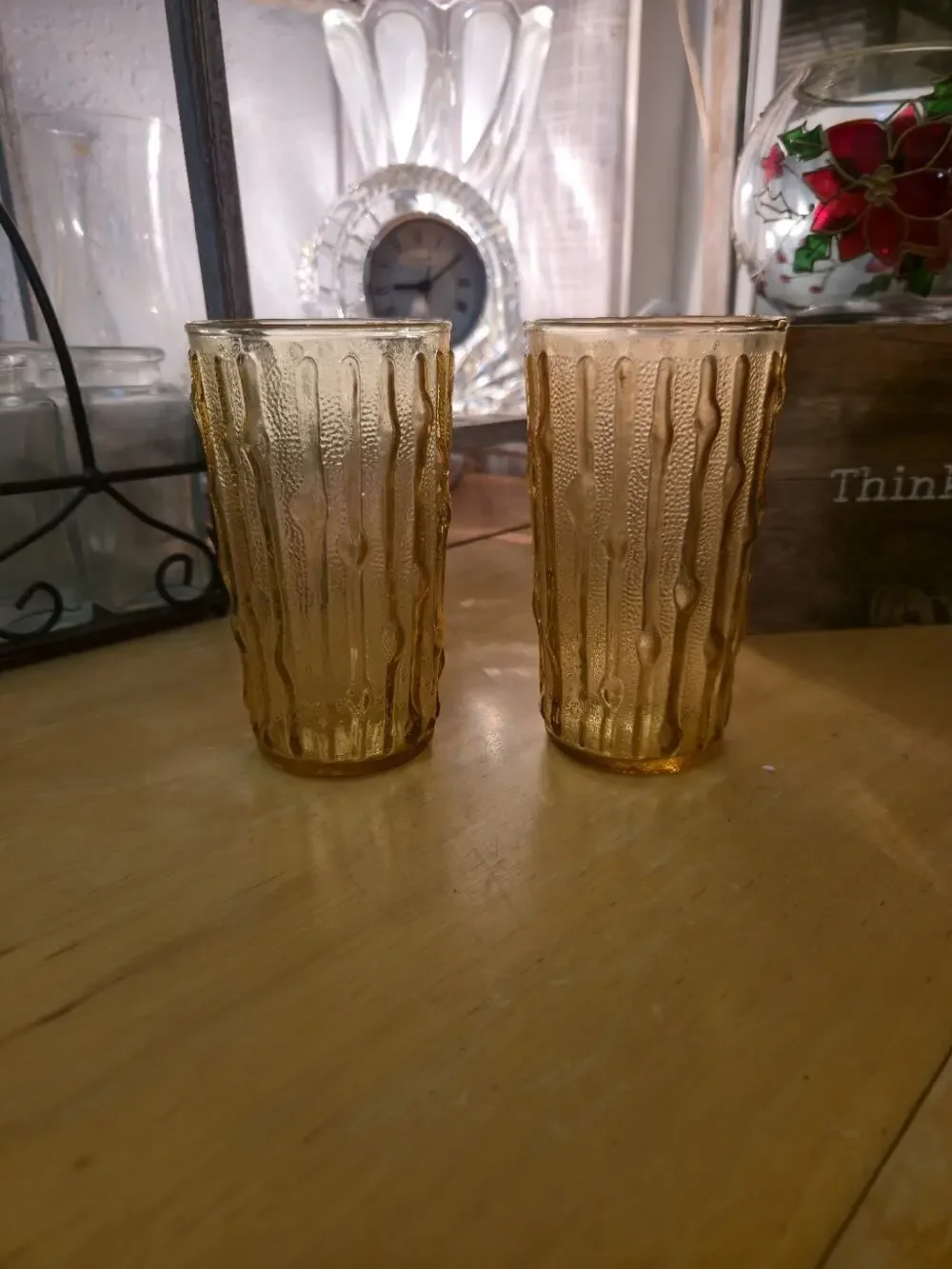 2 Anchor Hocking Tahiti Bamboo Glasses Tumblers Honey Gold Vintage 12 oz 5